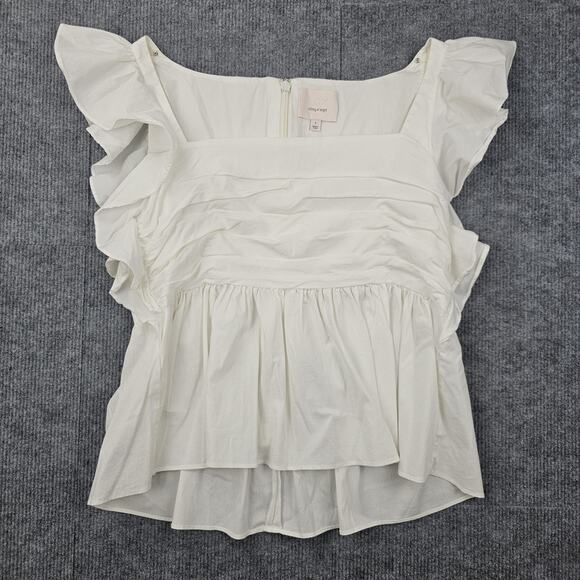 Cinq à Sept Top Womens Large White Flutter Sleeve Gathered Peplum Blouse Elegant - Picture 1 of 6